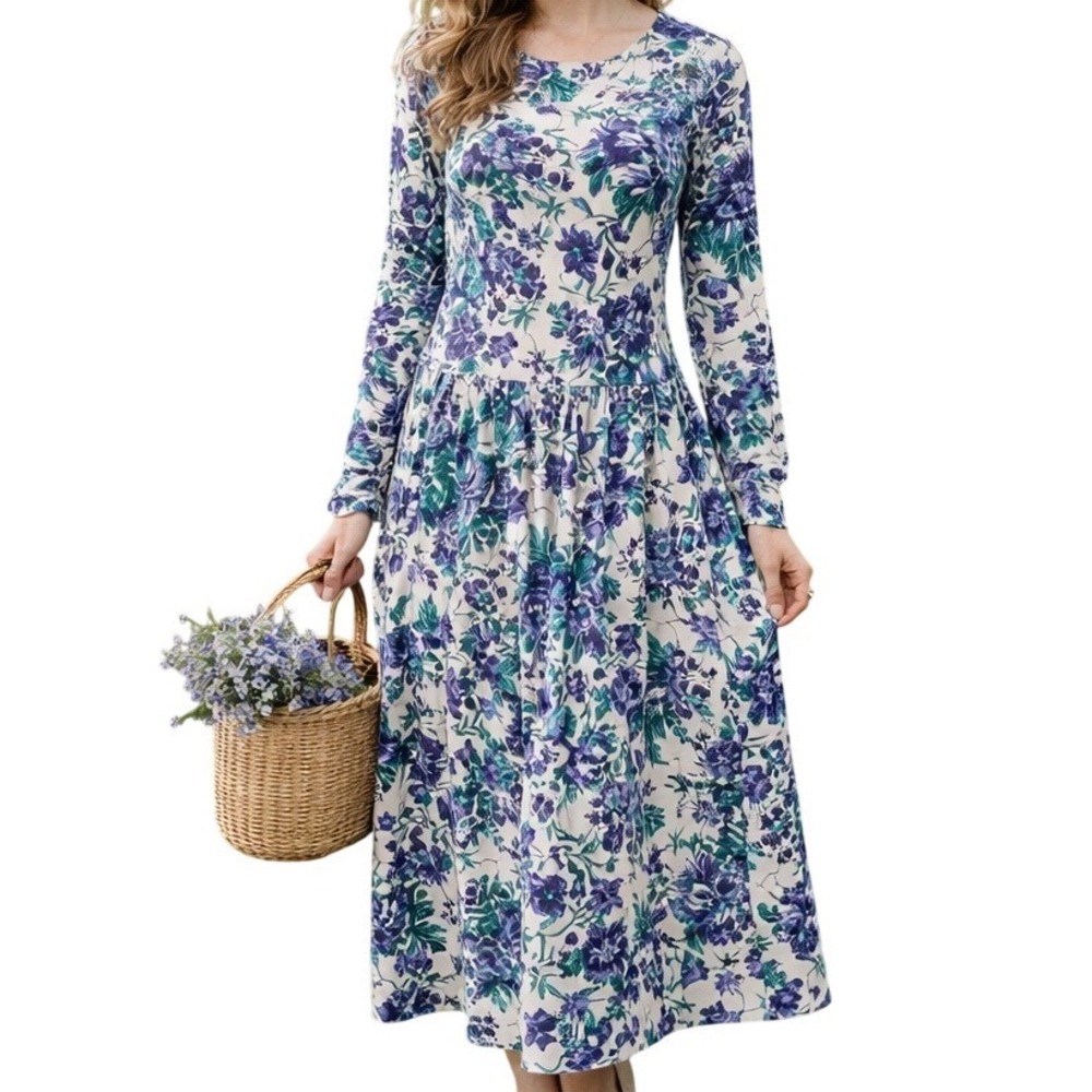 Fads Women's Floral Printed Long Sleeve Drop Waist Knitted Midi Dress Size Small
